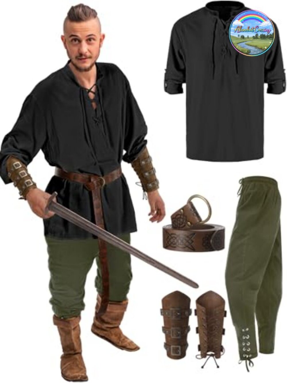 Men's Renaissance Medieval Costume 4 Pc Pirate Viking Outfit Set